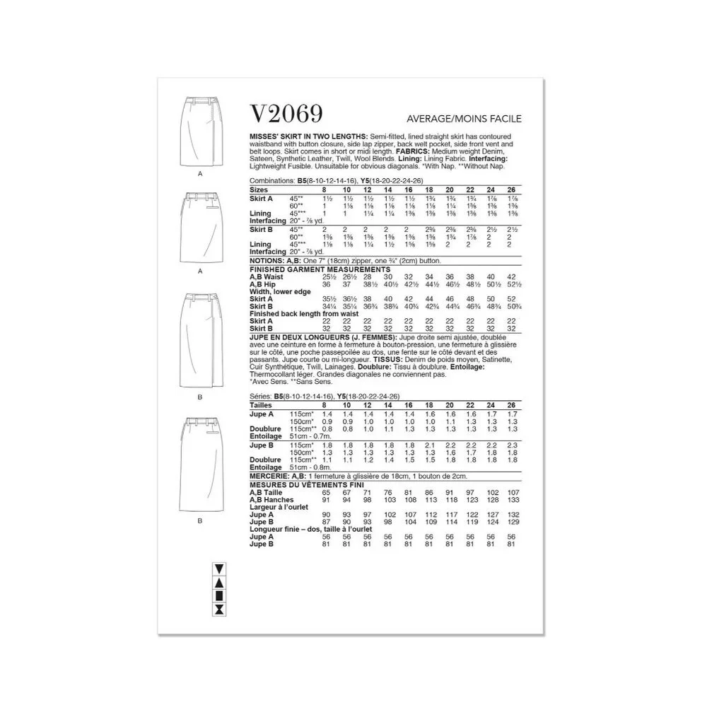 Misses Semi-Fitted Straight‎ Skirt Sewing Pattern Vogue V2069 Size 18-26